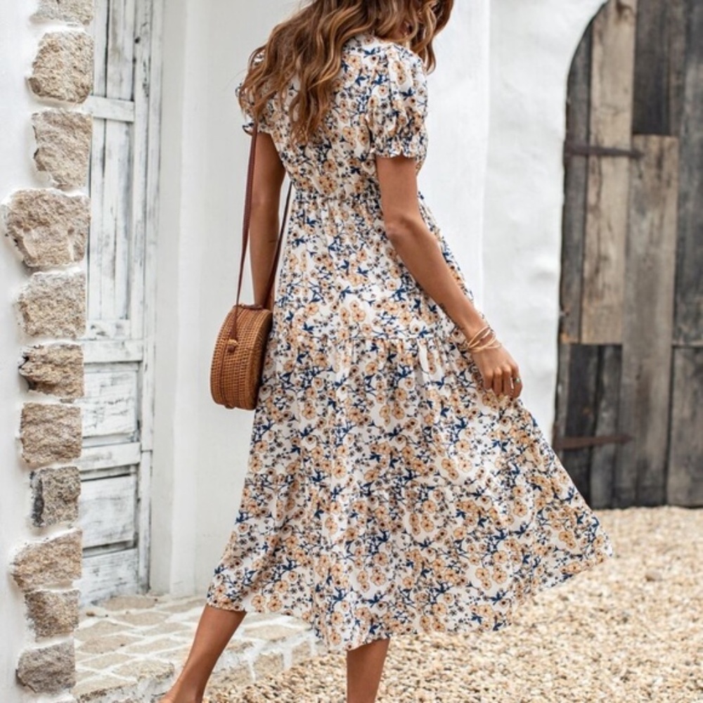 Boho floral print puff sleeve A-line midi dress - Picture 2 of 7